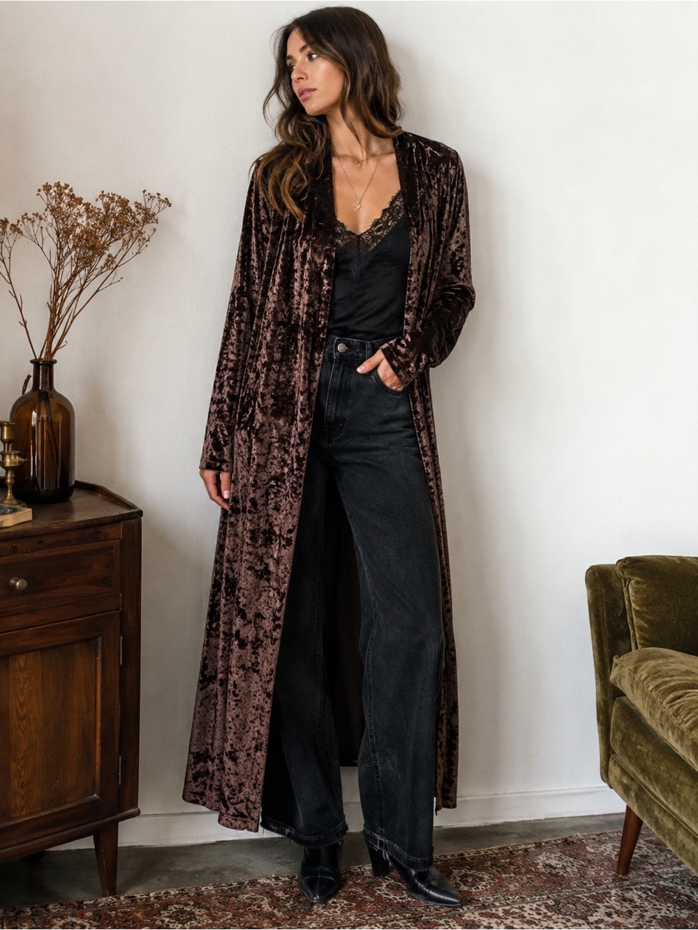 Chocolate brown crushed velvet duster
